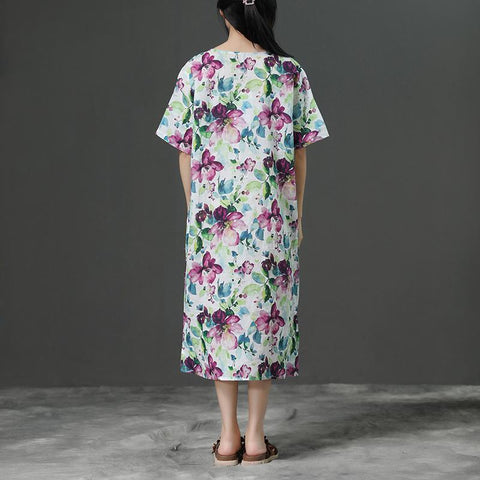Short Sleeve Casual Loose Flower Linen Dress