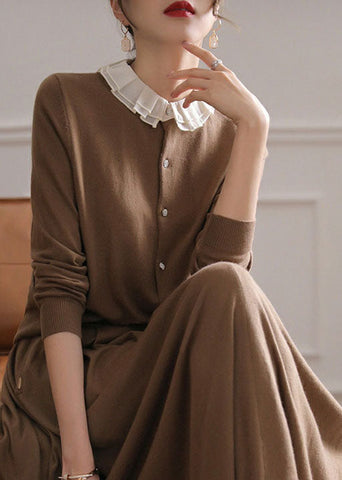 Frauen Kaffee O-Ausschnitt Rüschen Patchwork Kaschmir Strickjacken Frühling 