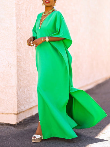 Batwing Sleeves Loose Solid Color Split-Side V-Neck Maxi Dresses