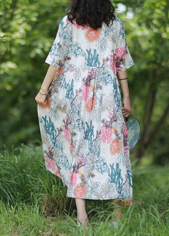 Batas holgadas de lino 100% con cuello redondo, vestido blanco estampado. 