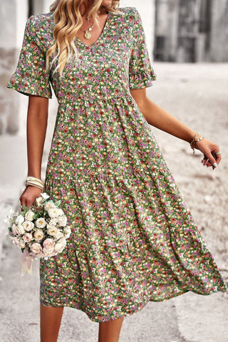 Vestido midi floral con escote en V y mangas con volantes 