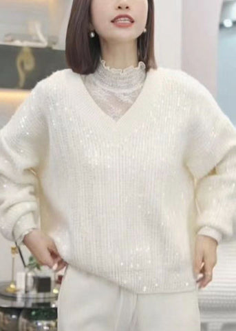 Schöne Rosa V-Ausschnitt Pailletten Patchwork Strickpullover Herbst 