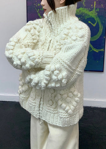 Jacquard Beige Reißverschluss Gemütliche Baumwollstrickmäntel Frühling 