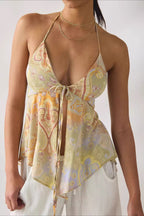 Chiffon Tie Halter Ruffle Blouse