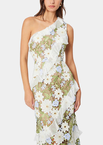 Art Green Embroidered Floral Ruffled Long Dresses Sleeveless