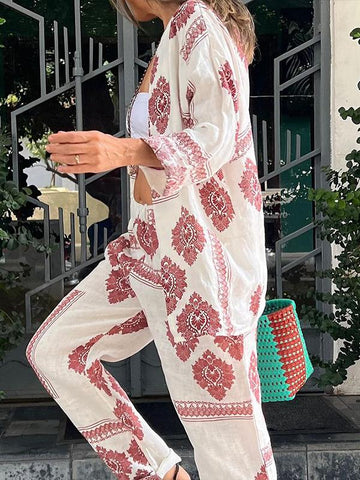 Women's Two-piece Set with Ethnic Print Cardigan Top and Elastic-waisted Trousers