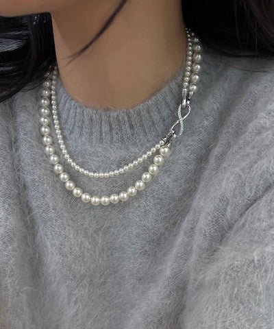 Simple Silk Sterling Silver Round Pearl Sweater Gratuated Bead Necklace
