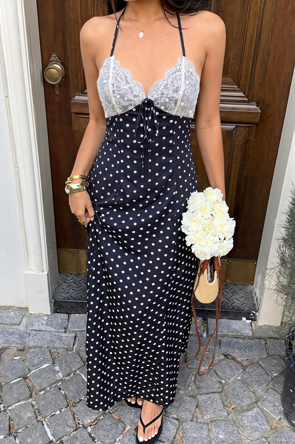 Elegant Polka Dot Halter Lace Spliced Back Tie Slimming Maxi Dress