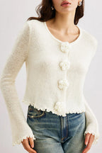 Slim-Fit 3D Floral Ruffled Pullover Knit Cardigan