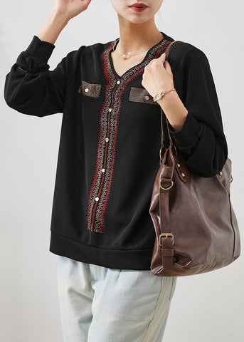 Feine schwarze V-Ausschnitt Zirkon Baumwolle Tops Frühling 