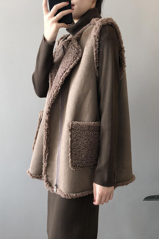 Chalecos casuales de cuello redondo con bolsillos y patchwork 