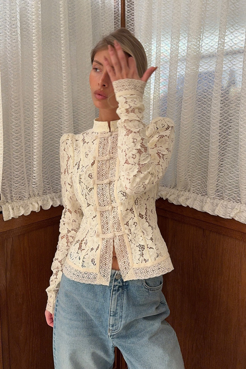 Soft-Style Stand-Collar Frog-Button Lace Cutout Cardigan