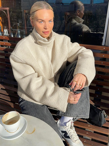 Tossy Weiß Lose Rollkragen Outwear Winter Patchwork Frauen Mode Langarm Strickjacke Hohe Taille Damen Solide Mantel Outfit Neue