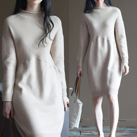 Vestido estilo suéter de invierno, informal, color piel, con mezcla de lana de conejo, holgado, estilo vintage con patchwork. 