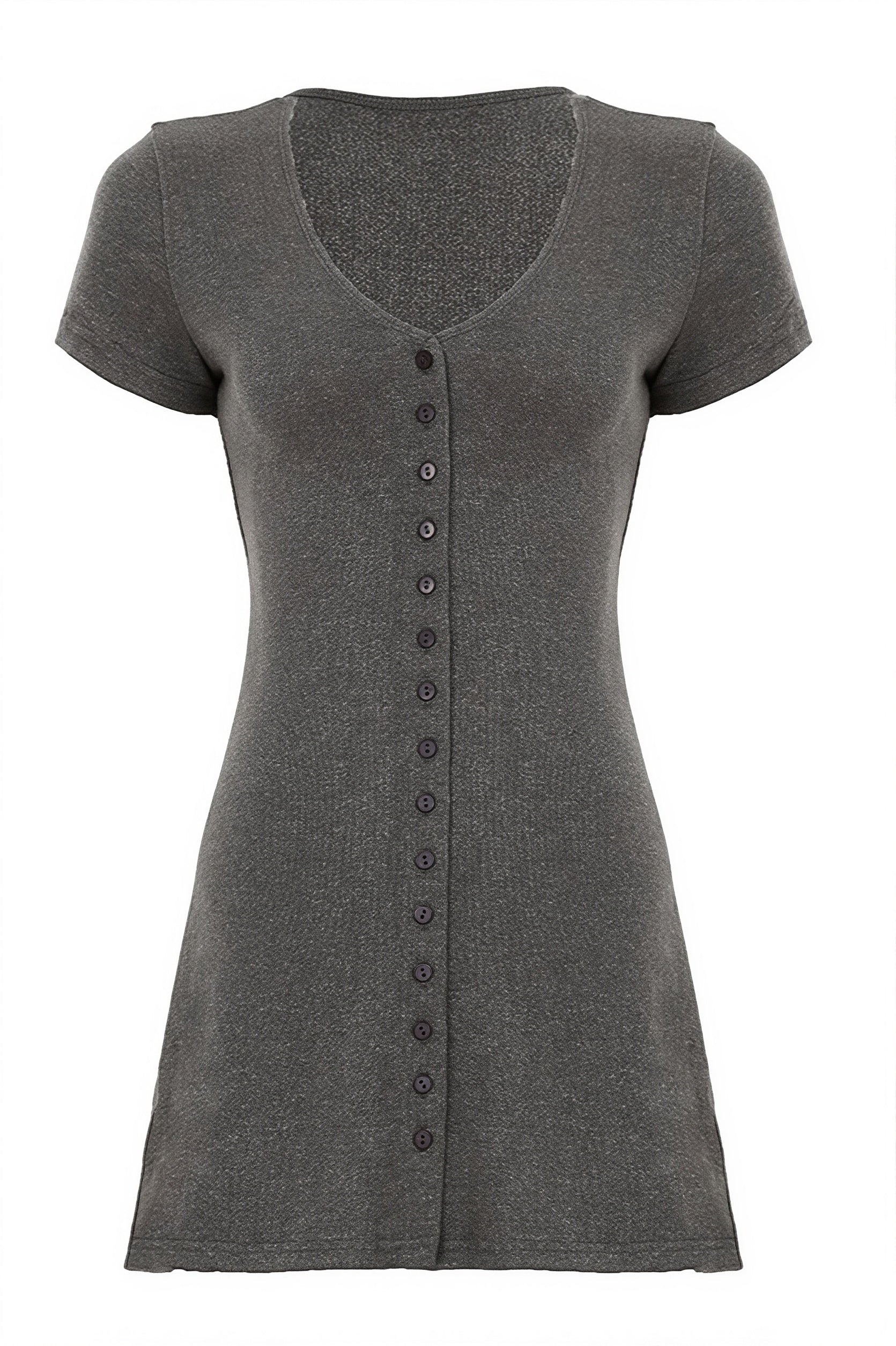 Solid Button Knit V Neck Slim Mini Dress