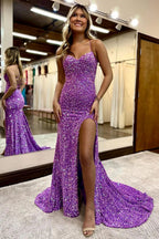 Mermaid Halter Purple Sequins Long Prom Dress with Criss Cross Back
