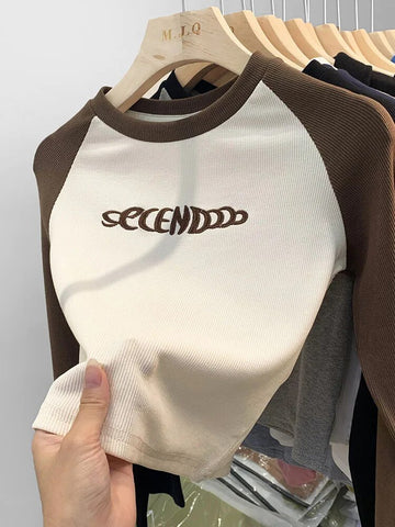 Letter Print T-Shirt Women Spring Long Sleeve Patchwork Tops Fashion Retro Contrast Color Crop Top Hot Girl Kpop Skinny Y2K Tees