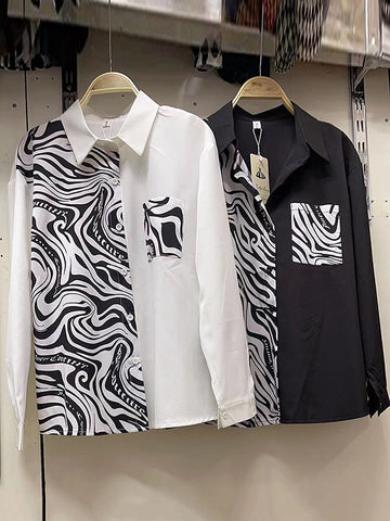 Blusas y camisas de manga larga, sueltas, asimétricas, con botones y solapas de rayas de cebra 