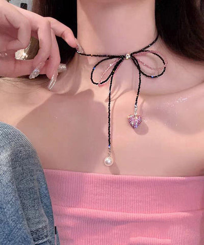 Moderne schwarze Zirkon Perlen Fliege Spitze Perle Liebe Anhänger Halskette 