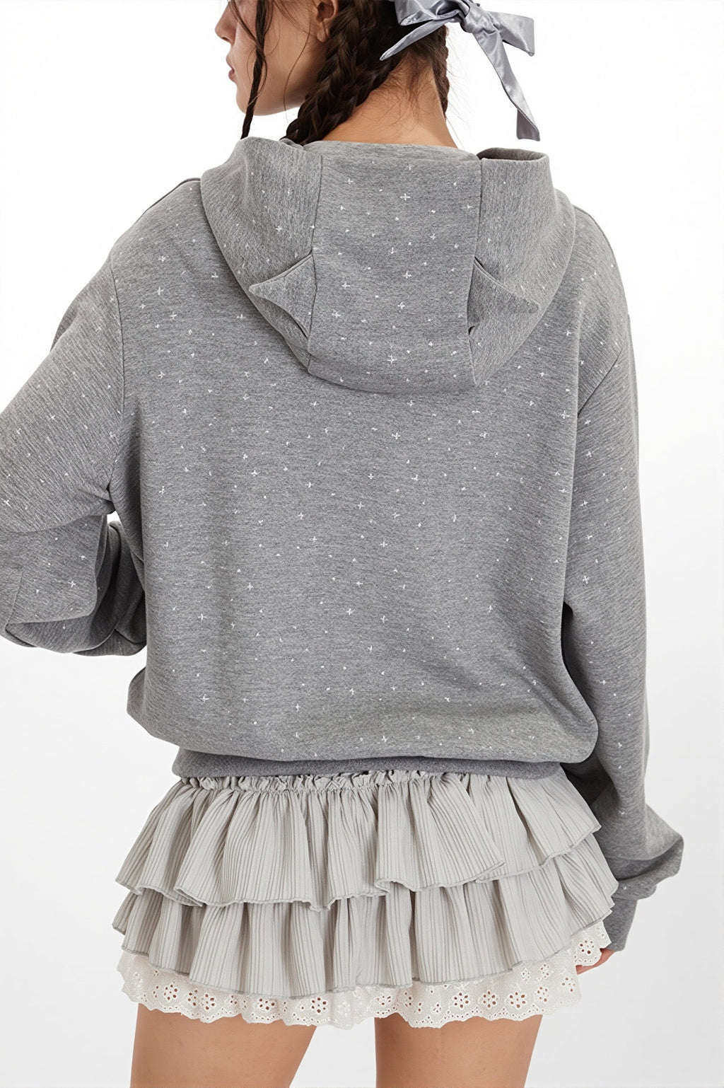 Star Print Ear Decor Cropped Hoodie