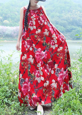 Vestidos largos de verano sin mangas, 100 % lino rojo con estampado floral 