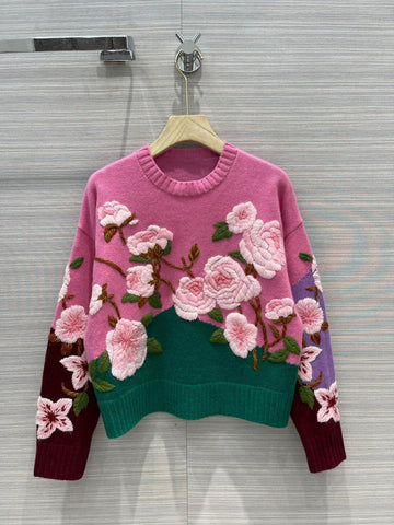 Precioso suéter de manga larga con flores bordadas 018 