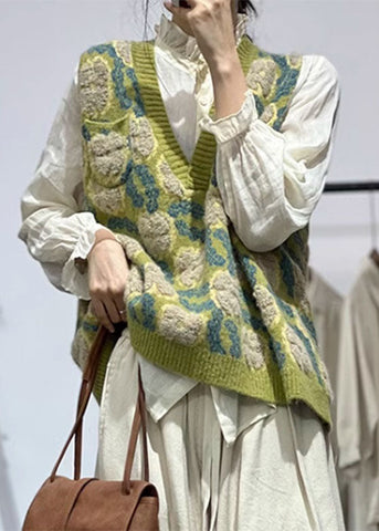 Jacquard Grün V-Ausschnitt Gemütliche Baumwollstrickweste Herbst 