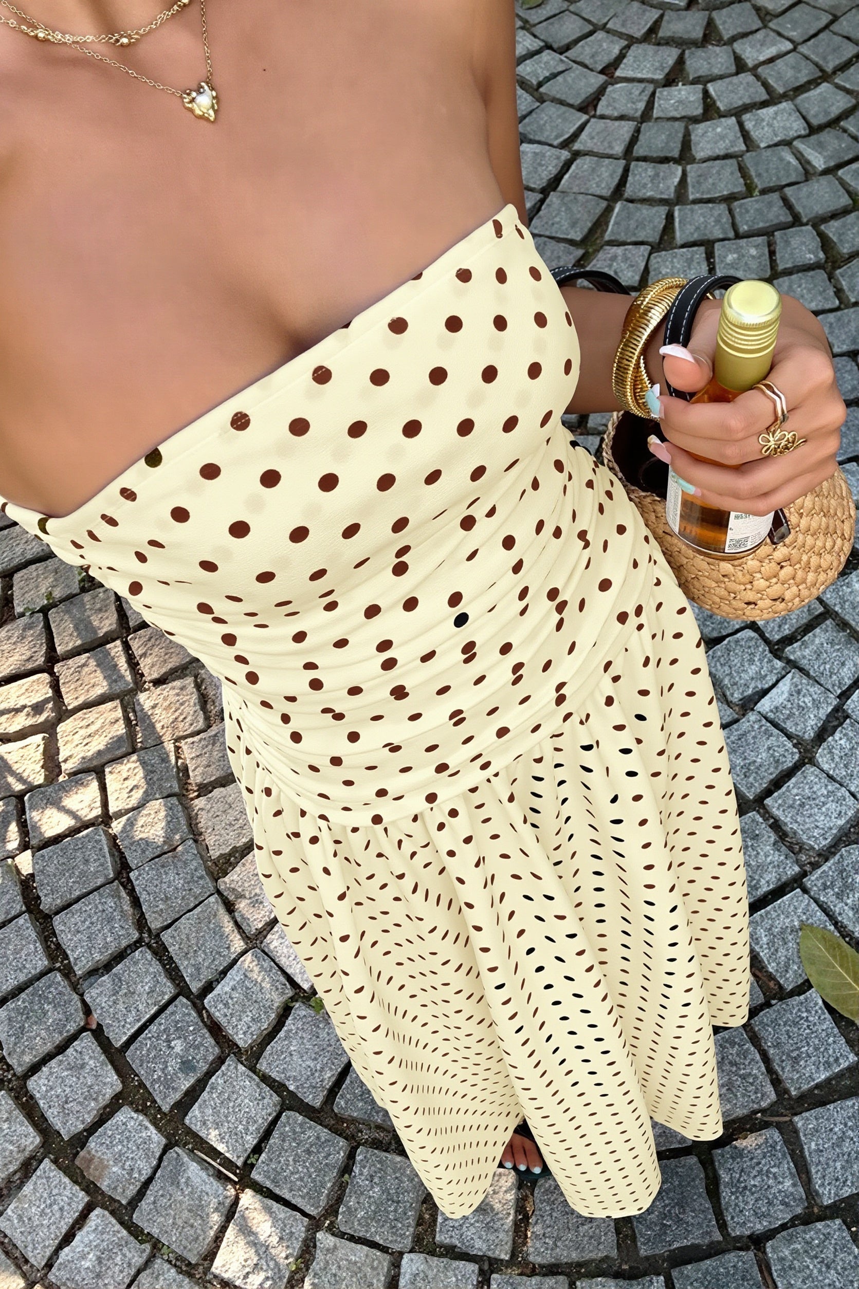 Polka Dot Strapless Sleeveless Ruffle Slim Maxi Dress