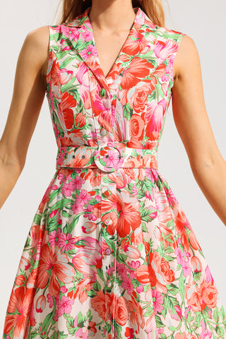 Vestido midi sin mangas con estampado floral y cinturón 