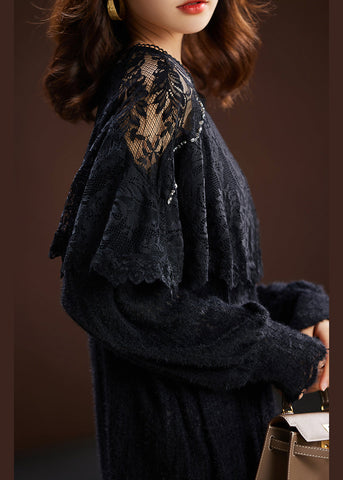 Neu Schwarz Aushöhlen Spitze Patchwork Stricken Tops Langarm 