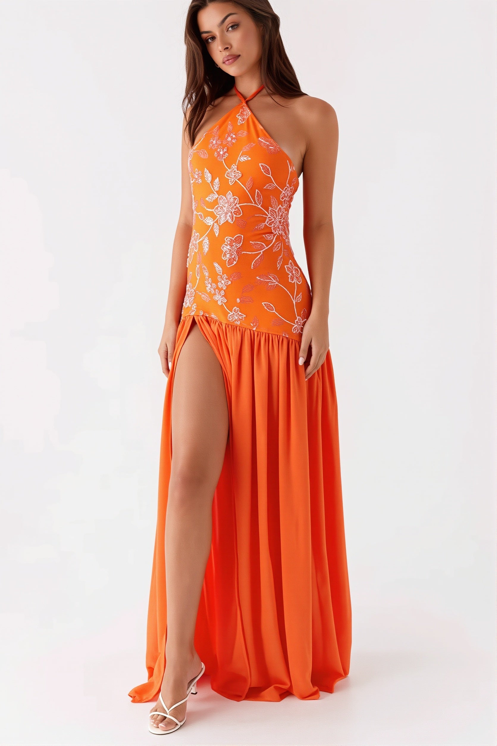 Beaded Splice Halter Neck Split Maxi Dress