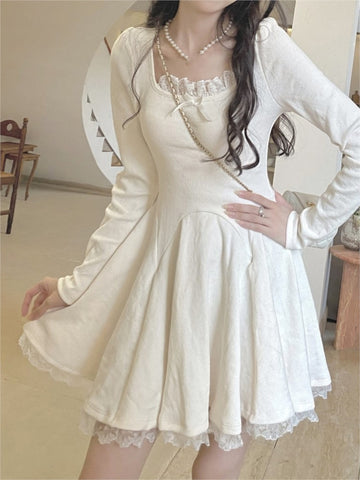 Süßes gestricktes Minikleid für Frauen, Langarm, Schleife, Spitze, quadratischer Kragen, Herbst, Frühling, A-Linie, Party, Robe, koreanische Y2K-Mode, Vestidos 