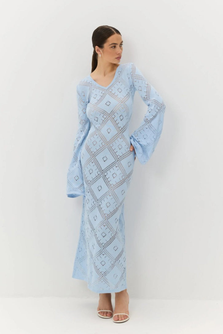 Knit Argyle Jacquard Long Sleeve Maxi Dress