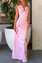 Floral Print Draped Neck Slim Maxi Dress