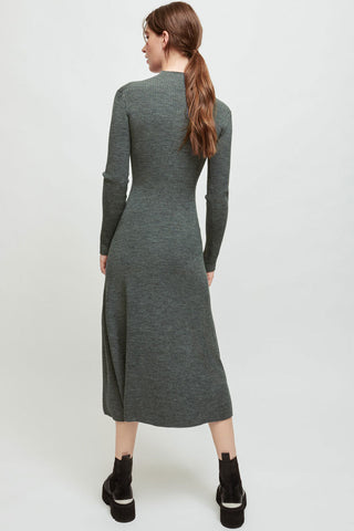 Vestido midi de cachemira con cuello alto, manga larga y abertura alta - Gris 