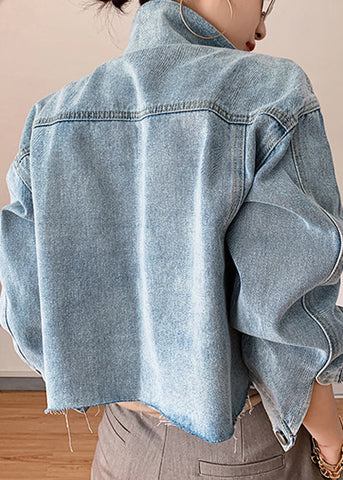 Neu Blau Taste Taschen Patchwork Denim Mäntel Frühling 