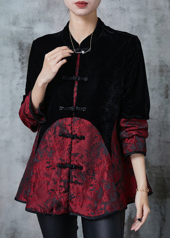 Elegante Schwarze Chinesische Taste Patchwork Samt Orientalischen Mäntel 