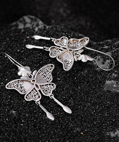Vintage Boutique Blue Sterling Silver Butterfly Plum Blossom Tassel Drop Earrings