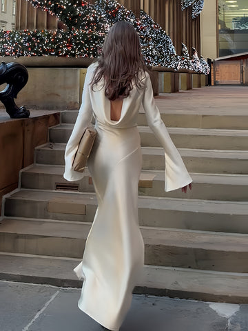 Flowy Stain Dress Boatneck Rufflles Sleeves Draped Back Prom Maxi Dresses