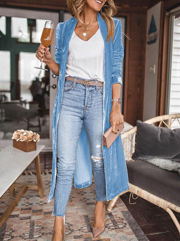 Damen Mäntel Lose Gold Samt Langarm Lange Strickjacke Mäntel 