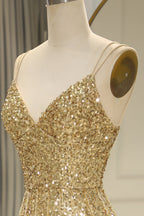 Glitzerndes Meerjungfrauen-Abendkleid mit Spaghettiträgern, goldenen Pailletten und Schlitz vorne