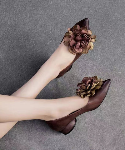 Retro Kamel Blumen Spitzschuh Rindsleder Flache Schuhe 