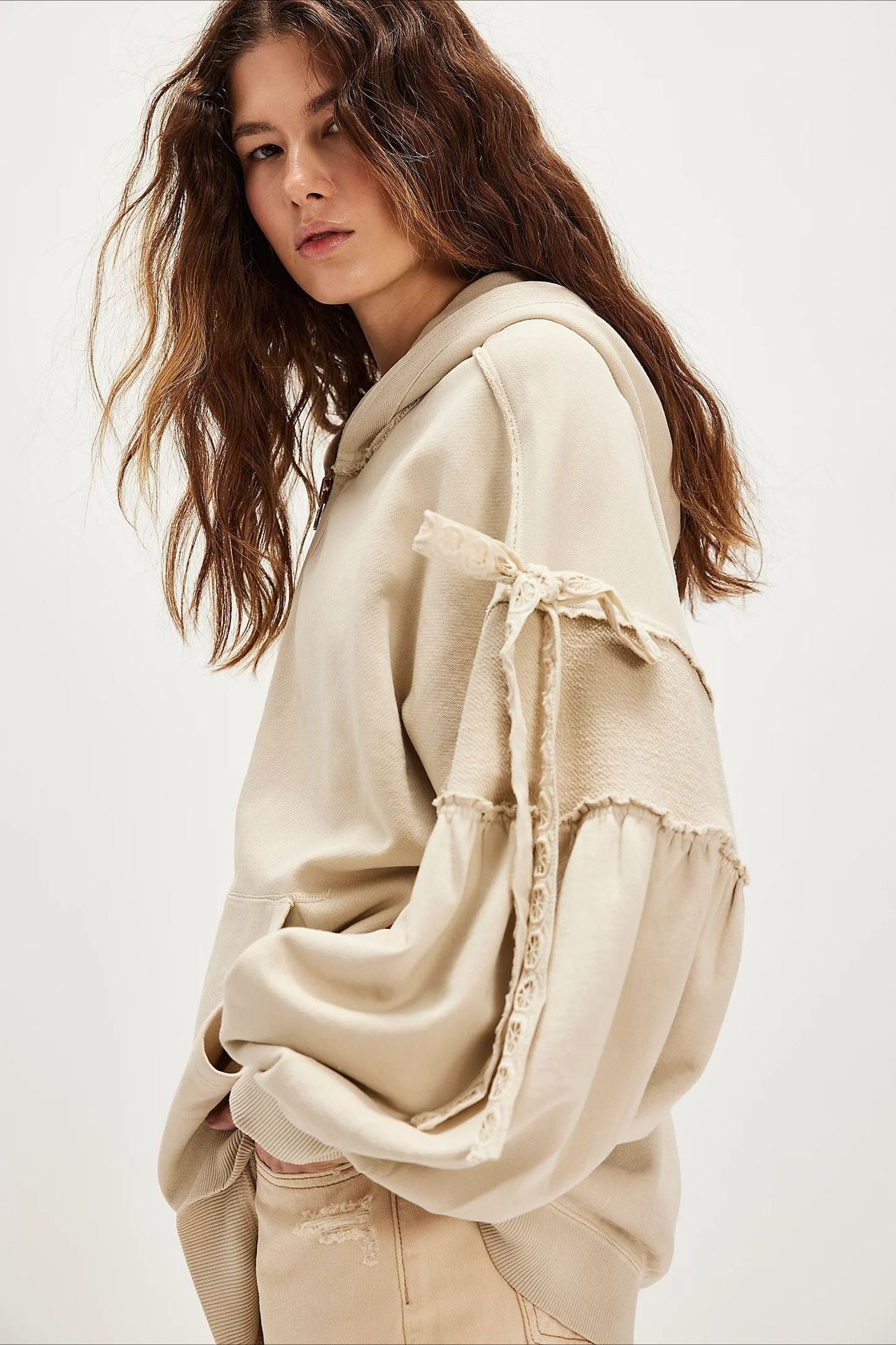 Oversized Lace Up Sleeve Zip Hoodie
