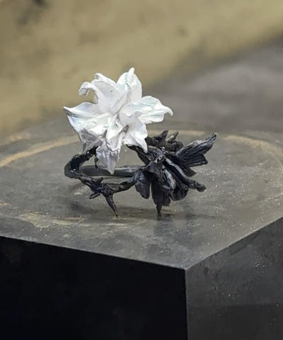 Chice Schwarz Weiß Stering Silber Blumenringe 