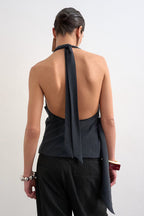 Cowl Neck Backless Asym Draped Halter Top
