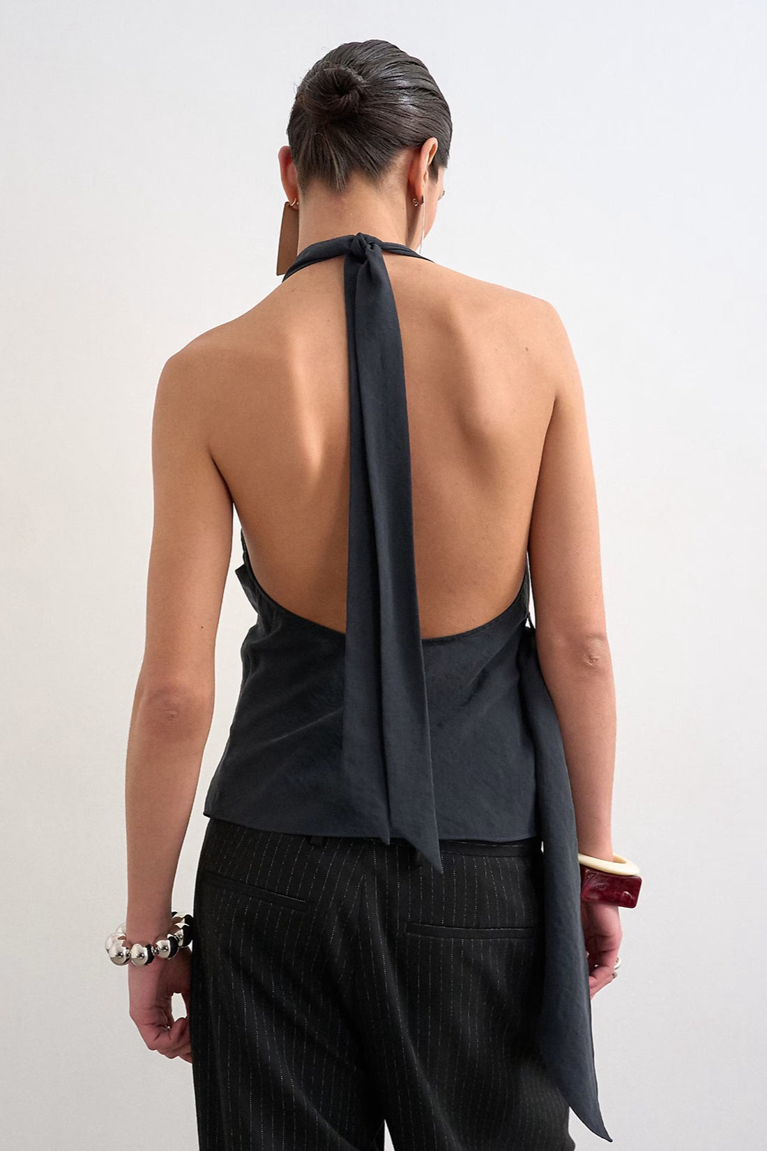 Cowl Neck Backless Asym Draped Halter Top
