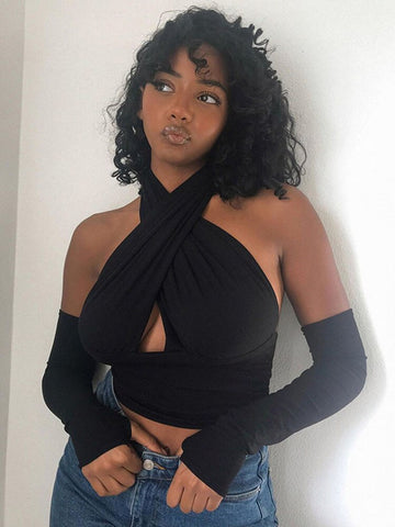 Top corto sin mangas con espalda descubierta y cuello halter con tiras cruzadas en la parte delantera para mujer, chaleco de vendaje, tops sexis de verano, ropa para mujer tallas S-XL 