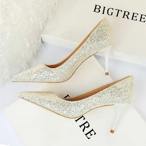 summer new  style sexy nightclub slim heels for women's skinny heels fashion glitter single shoes