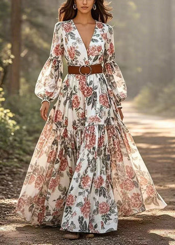 Partykleid aus Baumwolle mit Blumendruck und extra großem Saum und Laternenärmeln 