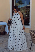 Elegant African Polka Dot Patchwork Halter Neck Swing Maxi Dress